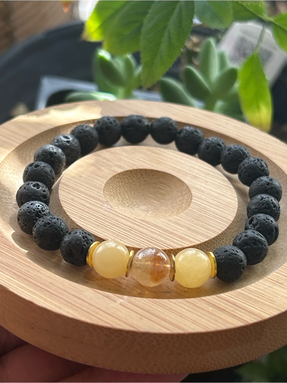 Handmade lava stone bracelet with citrine & yellow calcite beads